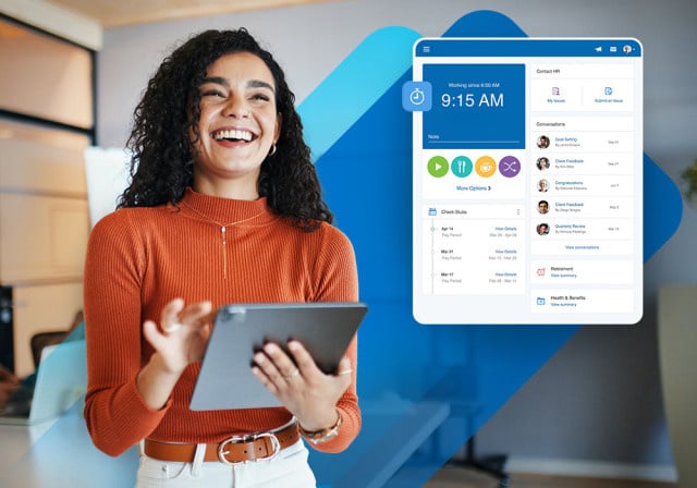 An employee using Paychex Flex to track her time and receive her paycheck