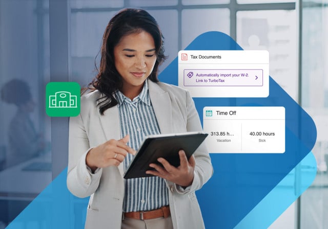 An employee looking at her tablet with time off and tax information