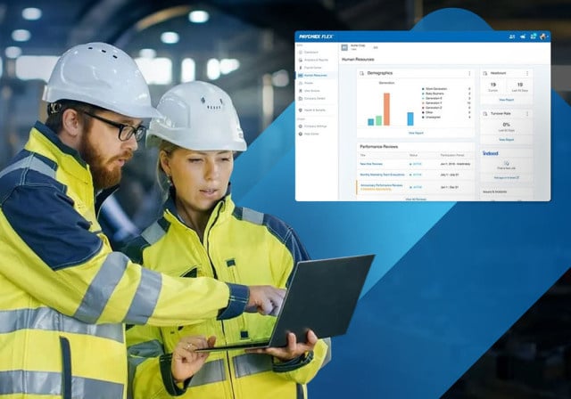 Two employees in a manufacturing plant, with a UI overlay