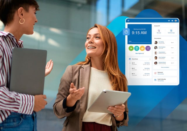 Employees talking to each other, one has Paychex Flex on her tablet