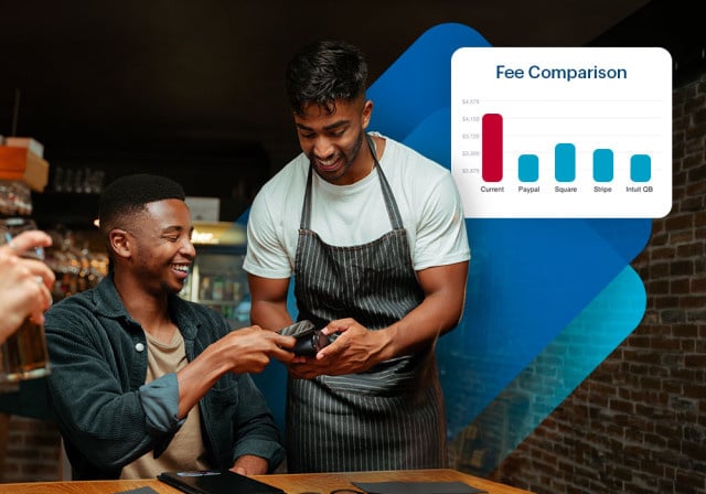 A customer paying for his bill at a restaurant, also showing a fee comparison