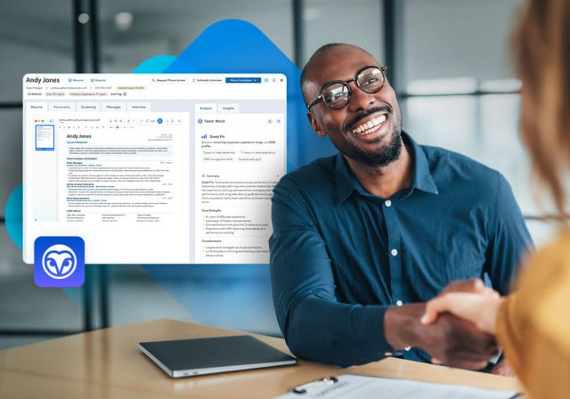 A job applicant in an interview with all his resume and information all available in Paychex Flex Hiring