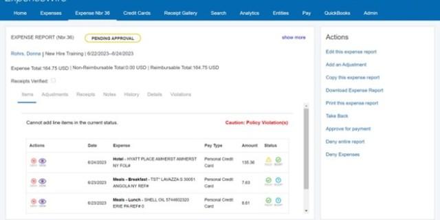 screen from Paychex Pre-Check expense management feature