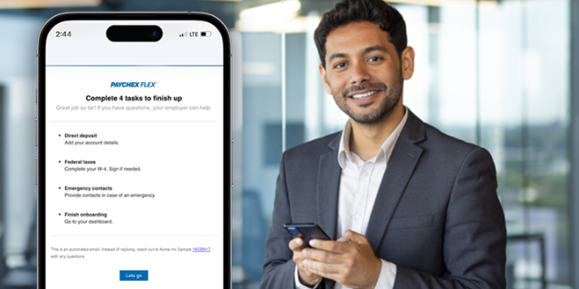 new employee with onboarding screen on cellphone