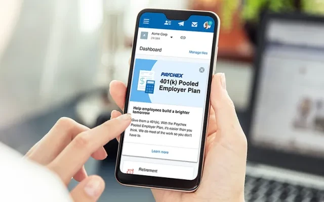 a mobile phone showing the Paychex Pooled Employer Plan 401(k)