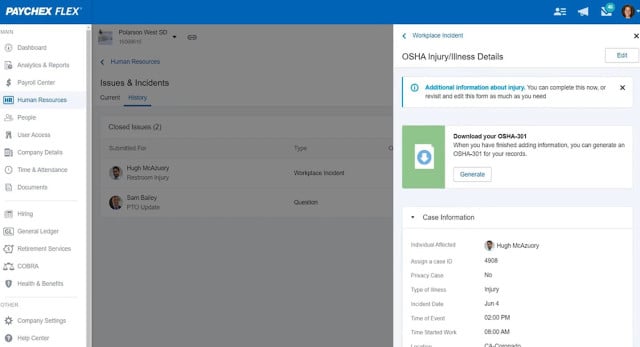 screenshot of the OSHA compliance feature in Paychex Flex