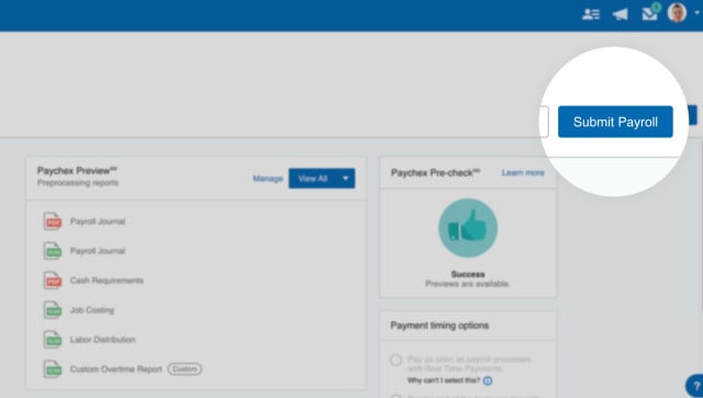 An image highlighting the Submit Payroll button in Paychex Flex