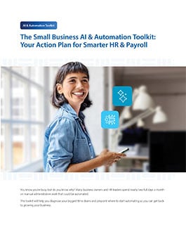 A person stands indoors holding a smartphone near icons representing AI and automation