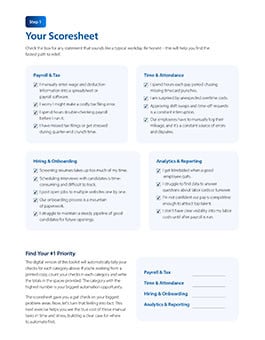 A scoresheet page displays categorized checklists for payroll, time and attendance, hiring, and analytics along with a section to identify top priorities.