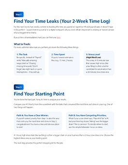 A page displays steps for tracking time leaks with a two‑week log and guidance for identifying a starting point using categorized task paths.