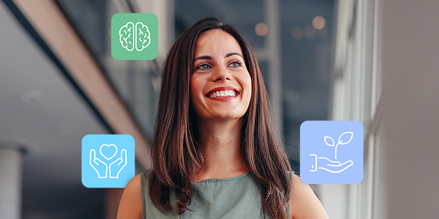 A smiling woman standing in a bright modern office hallway is surrounded by floating icons representing mental health, care, and personal growth.