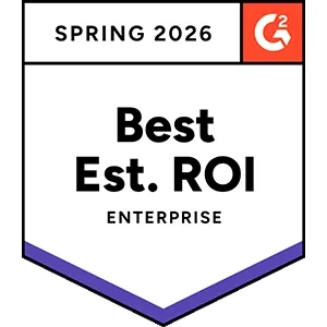 Spring 2026 G2 badge recognizing “Best Estimated ROI” in the Enterprise category, displayed as a shield-style emblem with purple accent stripes and the G2 logo.