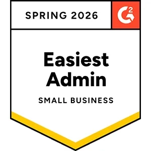 Spring 2026 G2 badge recognizing “Easiest Admin” in the Small Business category, displayed as a shield-style emblem with yellow accent stripes and the G2 logo.