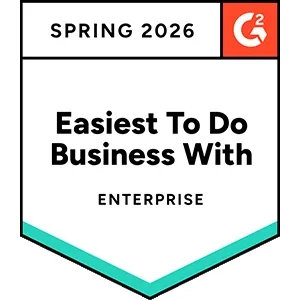 Spring 2026 G2 badge recognizing “Easiest to Do Business With” in the Enterprise category, displayed as a shield-style emblem with teal accent stripes and the G2 logo.