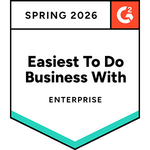 Spring 2026 G2 badge recognizing “Easiest to Do Business With” in the Enterprise category, displayed as a shield-style emblem with teal accent stripes and the G2 logo.