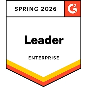 Spring 2026 G2 badge indicating “Leader” status in the Enterprise category, shown as a shield-style emblem with red and gold accents.