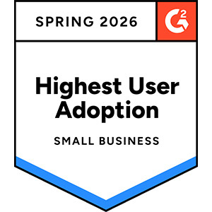 Spring 2026 G2 badge recognizing “Highest User Adoption” for Small Business, displayed as a shield-style emblem with blue accents.