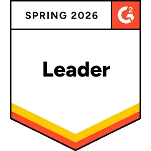 Spring 2026 G2 badge designating “Leader” status, shown as a shield-style emblem with red and gold accent stripes and the G2 logo.