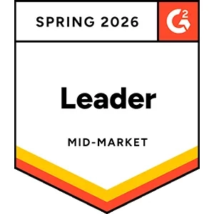 Spring 2026 G2 badge recognizing “Leader” status in the Mid-Market category, displayed as a shield-style emblem with red and gold accent stripes and the G2 logo.