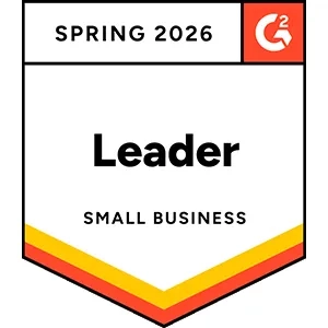 Spring 2026 G2 badge recognizing “Leader” status in the Small Business category, displayed as a shield-style emblem with red and gold accent stripes and the G2 logo.