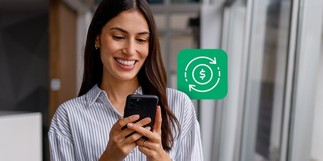 A person in a striped shirt looks at a smartphone while a green icon with a dollar sign and circular arrows appears beside them.