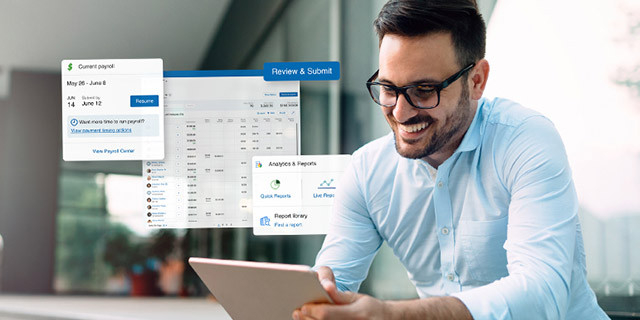 A person smiles while using a tablet, with floating payroll and reporting interface panels displayed beside them in a bright office environment.