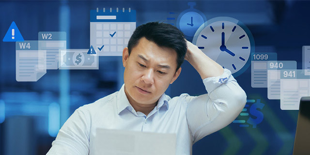 A person looks down at a document while holding the back of their head, with overlaid icons showing tax forms, warning symbols, dollar signs, and clocks against a blue digital background.