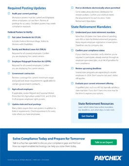 A blue sectioned infographic titled “Required Posting Updates” and “State Retirement Mandates” lists compliance tasks, guidance bullets, and a “Get Started” call-to-action above a Paychex banner.