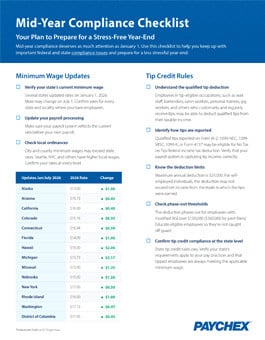 A blue “Mid-Year Compliance Checklist” infographic outlines minimum wage updates and tip credit rules with a table of state wage changes and bullet-point guidance.