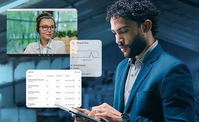 A person in a blue blazer uses a tablet in a modern office while overlaid screens display a video call with a headset-wearing professional, a job applicant list, and a turnover rate chart.