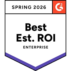 Spring 2026 G2 badge recognizing “Best Estimated ROI” in the Enterprise category, displayed as a shield-style emblem with purple accent stripes and the G2 logo.