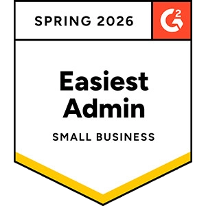 Spring 2026 G2 badge recognizing “Easiest Admin” in the Small Business category, displayed as a shield-style emblem with yellow accent stripes and the G2 logo.