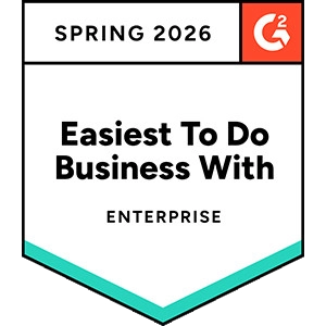 Spring 2026 G2 badge recognizing “Easiest to Do Business With” in the Enterprise category, displayed as a shield-style emblem with teal accent stripes and the G2 logo.