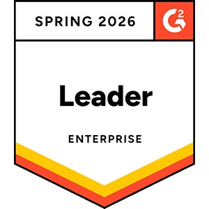 Spring 2026 G2 badge indicating “Leader” status in the Enterprise category, shown as a shield-style emblem with red and gold accents.