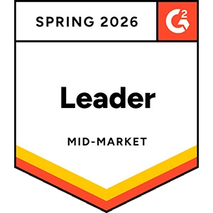 Spring 2026 G2 badge recognizing “Leader” status in the Mid-Market category, displayed as a shield-style emblem with red and gold accent stripes and the G2 logo.