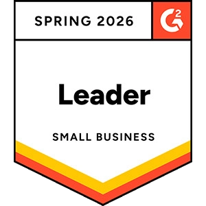 Spring 2026 G2 badge recognizing “Leader” status in the Small Business category, displayed as a shield-style emblem with red and gold accent stripes and the G2 logo.