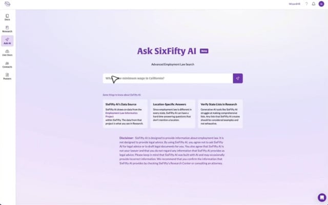 Screenshot of the Ask SixFifty AI interface featuring an employment law search bar with a sample minimum wage query, informational cards about the tool's capabilities, and a legal disclaimer below.