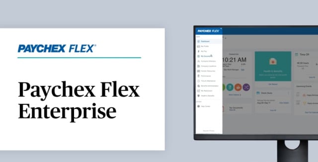 Promotional Paychex Flex Enterprise graphic featuring the Paychex Flex logo, the text “Paychex Flex Enterprise,” and a computer monitor displaying the Paychex Flex dashboard interface.