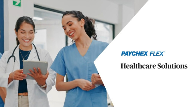 Promotional Paychex Flex Healthcare Solutions graphic showing two healthcare professionals reviewing a tablet in a medical facility