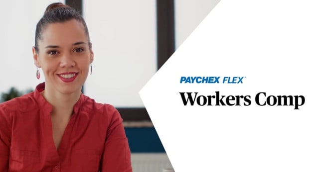 Promotional image for Paychex Flex Workers Comp featuring a person in a red blouse seated in an office setting beside the Paychex Flex logo and the text “Workers Comp.”