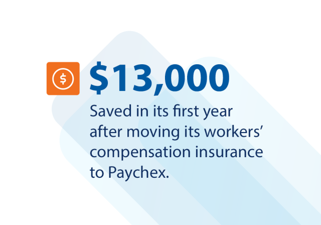 Graphic stating that a company saved $13,000 in its first year after moving its workers' compensation insurance to Paychex, accompanied by a dollar-sign icon.