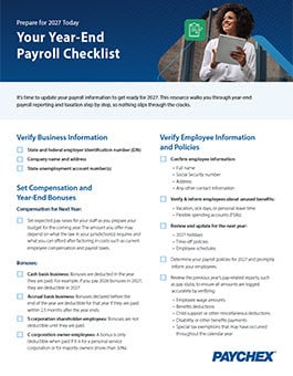 Promotional Paychex infographic titled “Prepare for 2027 Today: Your Year-End Payroll Checklist,” featuring a person holding a tablet alongside a checklist of year-end payroll, employee information, compliance, and tax preparation tasks.