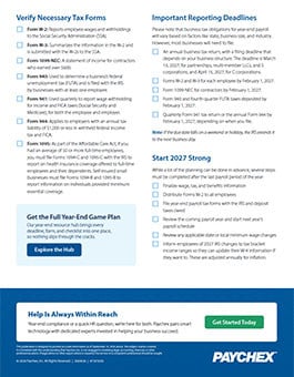 Paychex year-end payroll checklist infographic highlighting required tax forms, important reporting deadlines, and planning steps to help businesses prepare for year-end and start 2027 strong.