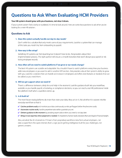 Page titled “Questions to Ask When Evaluating HCM Providers” featuring five key evaluation questions, guidance for selecting an HCM solution, and a checklist of capabilities to look for in an AI-powered platform.