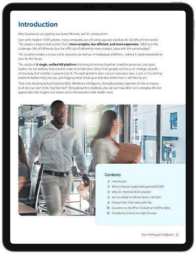 Introduction page of the Paychex HCM Buyer’s Playbook featuring introductory text, a table of contents, and an office scene with people walking through a modern workspace.