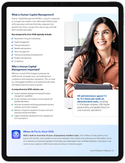 Page explaining Human Capital Management (HCM) with key benefits, core functions, a workforce management statistic callout, and an image of a person working on a tablet in an office setting.
