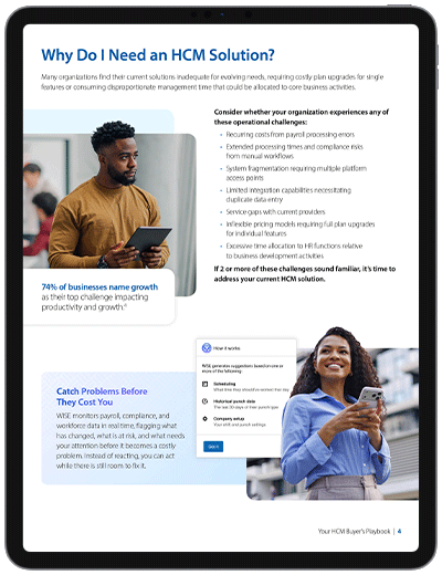Page outlining common challenges that signal the need for an HCM solution, featuring workforce statistics, a list of operational issues, and images of professionals using mobile devices.