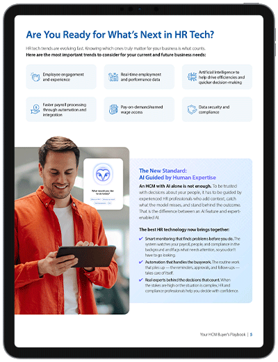 Page highlighting key HR technology trends and AI-guided HCM solutions, featuring a list of emerging workforce management capabilities and an image of a professional using a tablet.