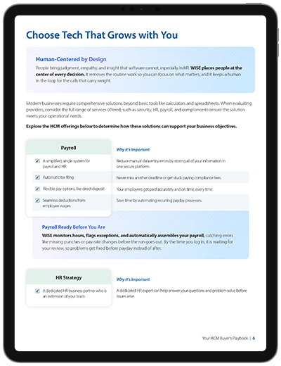 Page explaining how to choose an HCM solution that scales with business growth, featuring payroll and HR strategy capabilities, benefit highlights, and a section on payroll-ready automation.
