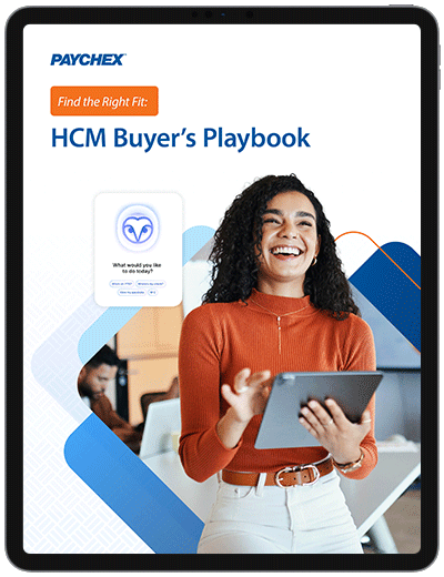 Cover image for the Paychex HCM Buyer’s Playbook featuring a person holding a tablet beside a mobile-style graphic and branded geometric design elements.